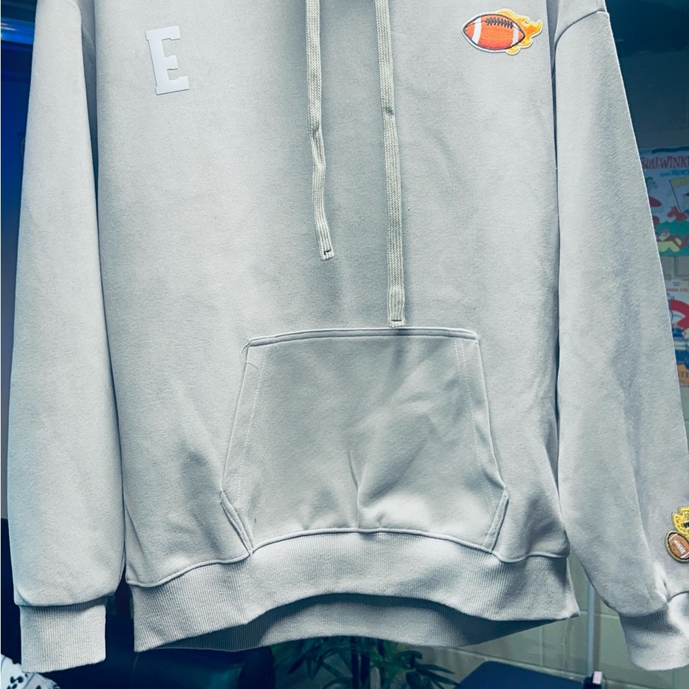 Men's Light Gray Hoodie with Embroidered Patches